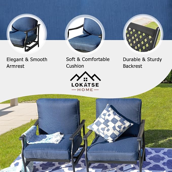 LOKATSE HOME C-Spring Patio Chairs Set of 2, Outdoor Metal Motion Conversation Chairs with Gentle Bounce, 5.1" Extra Thick Blue Cushions Deep Seating Furniture for Deck & Porch