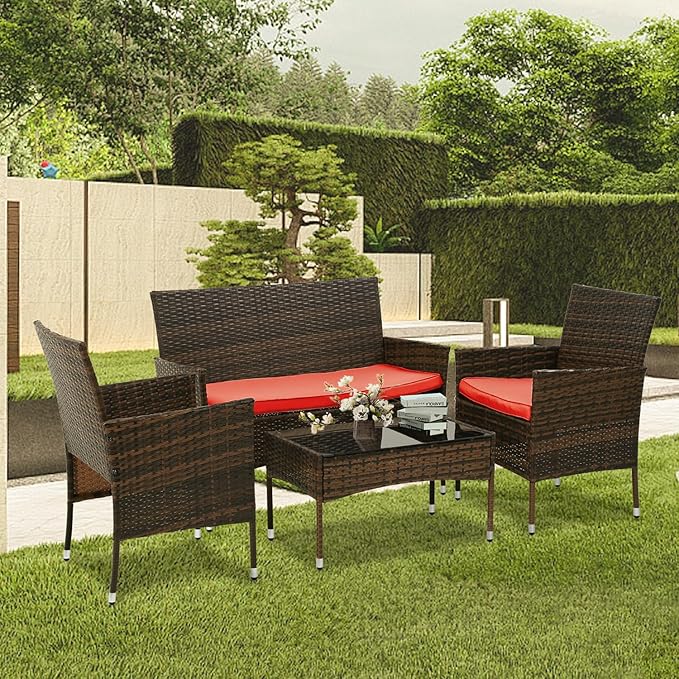 PayLessHere Outdoor Furniture Set 4 Pcs Modular Patio Furniture Set Water Resistant Conversation Set with 3 Rattan Chairs 1 Tempered Glass Topped Table for Patio Poolside, Brown Wicker/Red Cushions