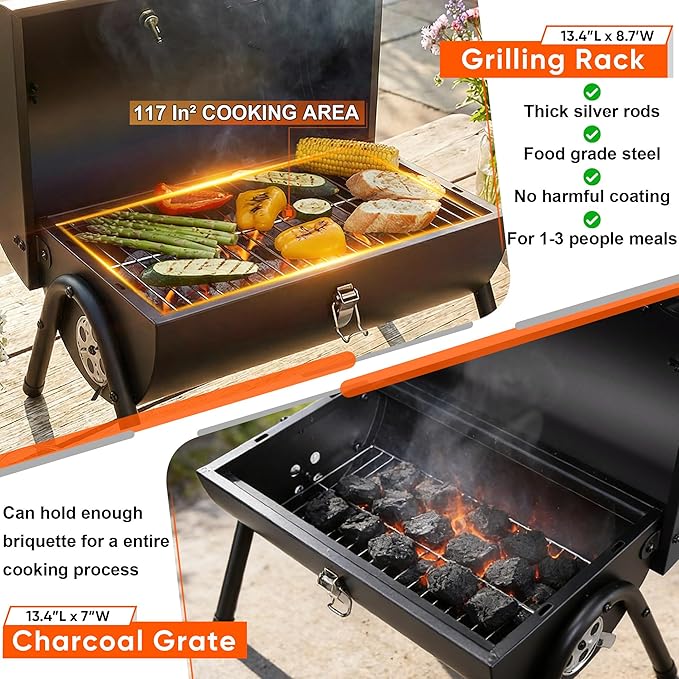Portable Charcoal Grill with Basic BBQ Tools, HaSteeL Compact Tabletop Barbecue Grill with Thermometer, Small Smoker for Outdoor Camping Backyard Beach BBQ, Thick Steel, Easy to Assemble