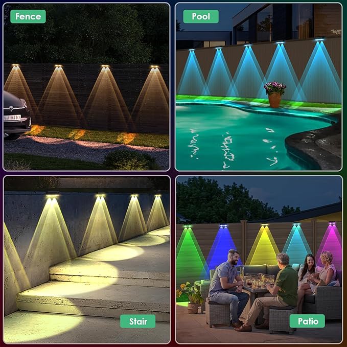 Derynome Solar Fence Lights Outdoor, RGB & Warm White & 6 Colors Dusk to Dawn IP45 Waterproof Solar Garden Lights for Outside, Step, Yard, Step, Patio & Wall (Color Change+7 Color, 8 Pack)