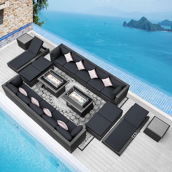 NICESOUL 20 Piece Extra Large Patio Furniture Set w/Fire Pit Table & Chaise Lounge, Modern Luxury Outdoor Group Seating w/Firepit, Comfortable 29.3" High-Back Sectional Couch Deep Seat, Dark Gray
