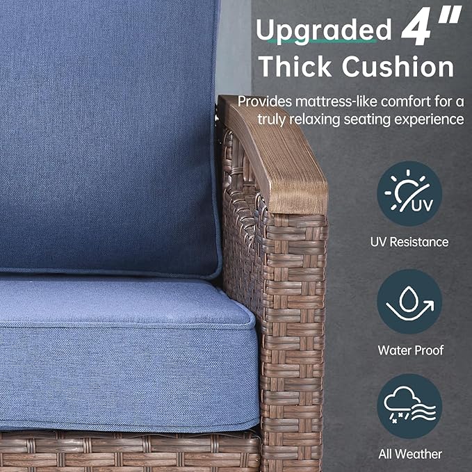 Luxury Outdoor Swivel Rocker Patio Chairs with Metal Side Table - Heavy Duty 3 Piece Patio Furniture Set All Weather Wicker Glider Set with Thick Cushion for Porch, Poolside and Deck - Blue