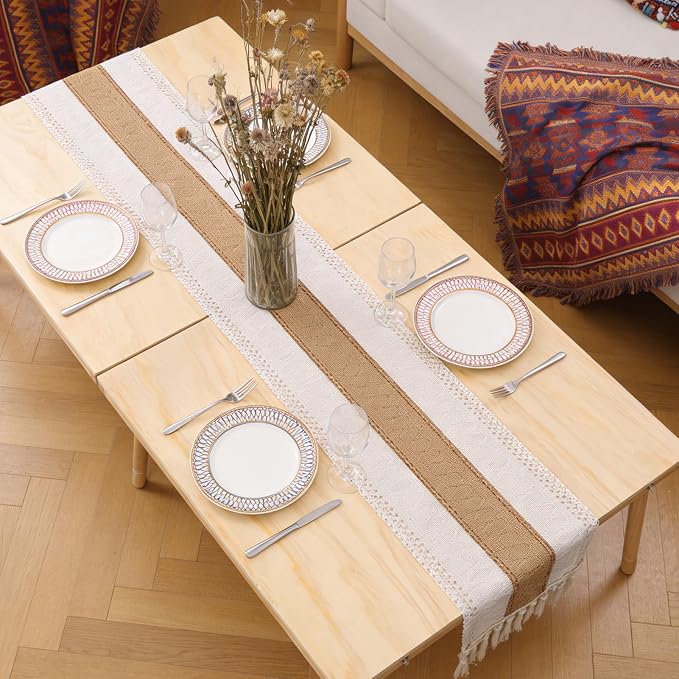 Folding Picnic Table with Boho Table Runner & Large Picnic Blanket, 60" x 30" Portable Wooden Picnic Table with Adjustable Heights for Indoor & Outdoor, Ideal for Camping, Beach, Wedding & Party