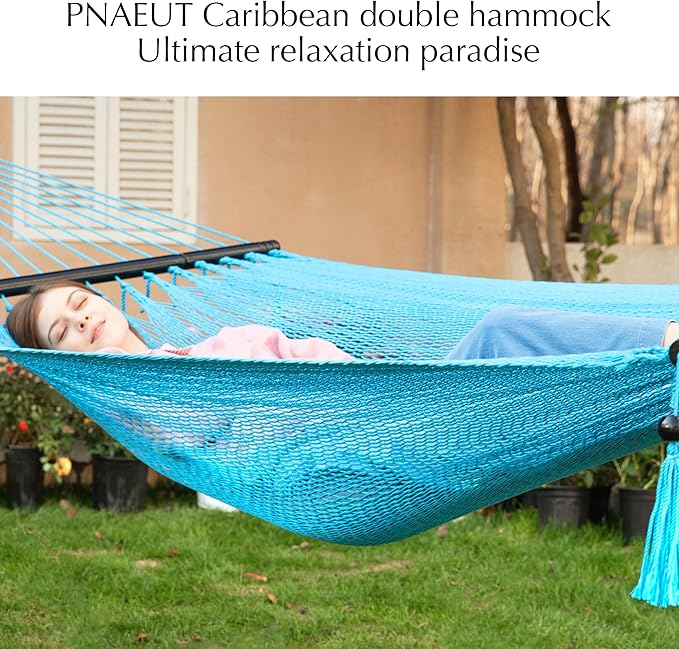 PNAEUT Double Rope Hammocks for Outside, Handwoven Double Caribbean Hammock with Spreader Bar for Outdoor Indoor, Max 600 lbs Capacity (Sky)