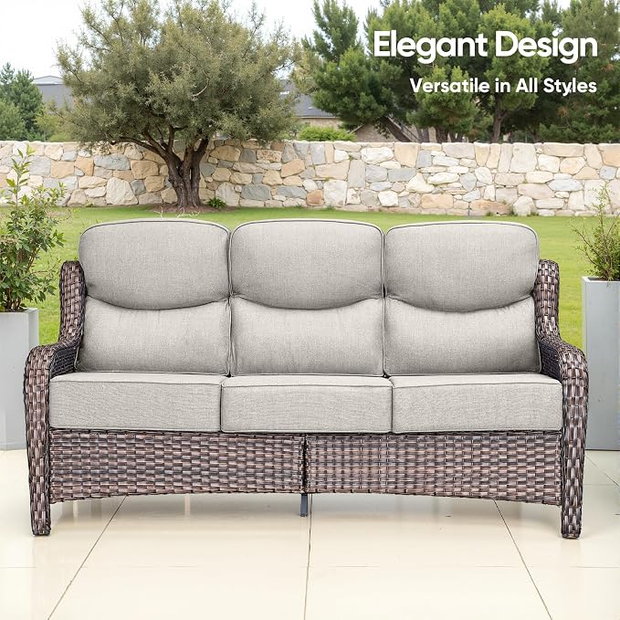 Swivel Patio Chairs sofa Set of 9 with 6" Thick Cushion - Wicker Outdoor Swivel Rocker Patio Chair ,Sofa/Glass coffee table, High Back Comfortable Outdoor Glider Chairs -Brown Wicker | Beige Cushions