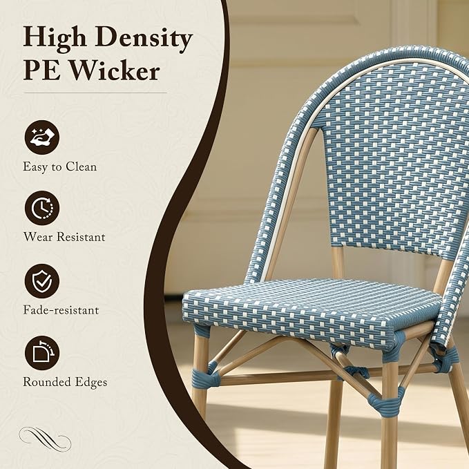 PURPLE LEAF 3-Piece French Bistro Dining Set Round Outdoor Patio Table and 2 Armless Chairs Tempered Glass Top PE Rattan Champagne Print Finish Aluminum Frame Light Blue