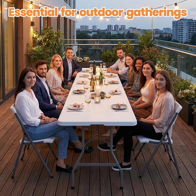 8 FT Plastic Folding Table Set with 6 White Folding Chairs for Picnic, Party, Training, Outdoor Activities, at Home and Commercial Use
