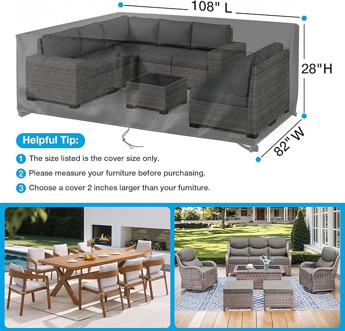 KANAGAWA Rectangular Patio Furniture Covers,108"(L) x 82"(W) x 28"(H) Heavy Duty Table and Chairs Cover,Anti-Fading Outdoor Waterproof 420D Furniture Cover with UV Resistant,Black