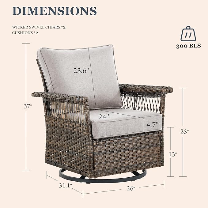 Patio Furniture Set 2 Wicker Swivel Glider Chairs 2 PE Rattan Ottomans with Beige Cushions Patio PE Rattan Sofa Coffee Table Brown Wicker Patio Conversation Set 6pcs for Patio