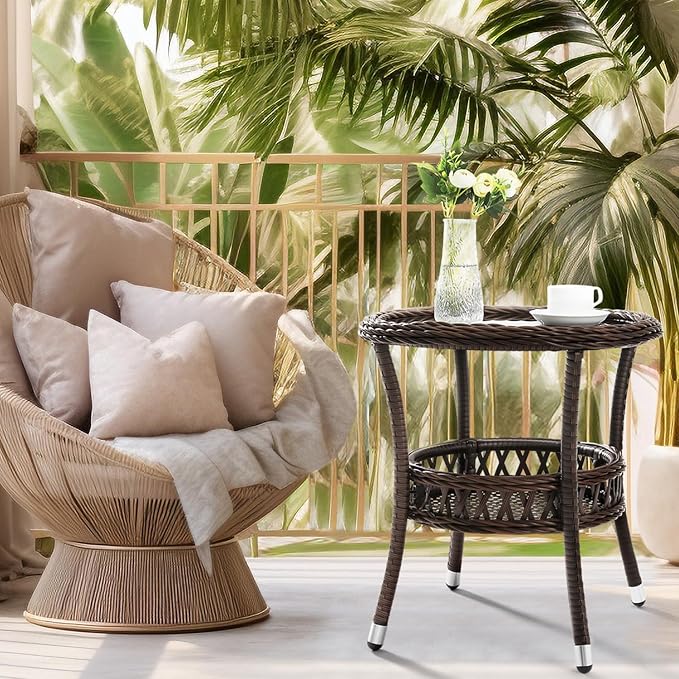 Outdoor Side Table Set of 2 Wicker End Table for Patio Rattan Side Table for Outside Brown Outdoor Patio Coffee Table with Storage & Glass Table Top Round for Backyard Porch