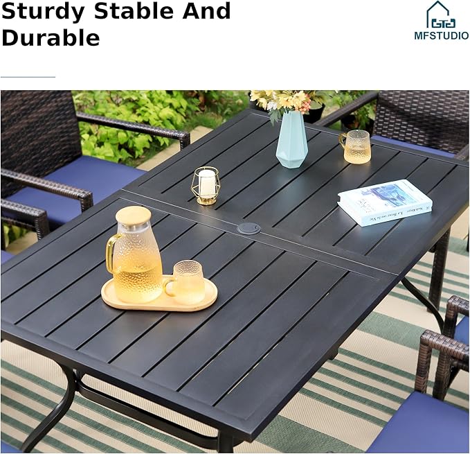 MFSTUDIO 7 Piece Outdoor Dining Set, 60” Rectangular Metal Table with Umbrella Hole & Cushioned Rattan Chairs, Patio Wicker Dining Table Furniture Set for 6, Deck, Porch