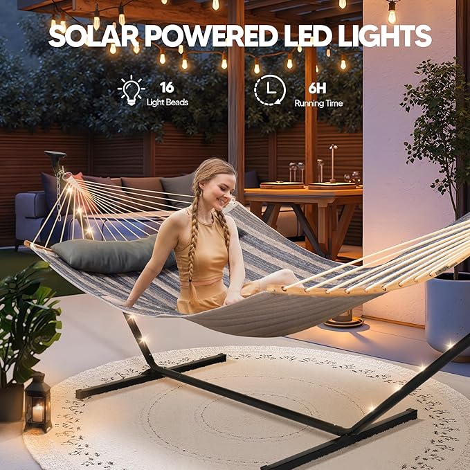 SUNCREAT Double Outdoor Hammock with 12 ft Stand, Stand Alone Hammock with Solar Powered Lights, Gray Stripes