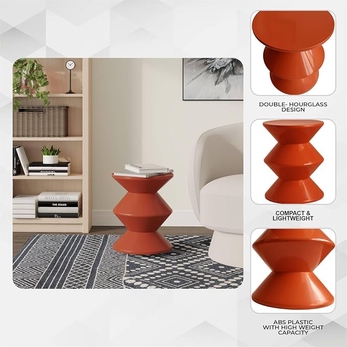 LeisureMod Aura Collection Modern Round Side Table - Brown ABS Plastic Double-Hourglass Pedestal - No Assembly Weatherproof Accent Furniture for Living Room, Patio & Outdoor Decor