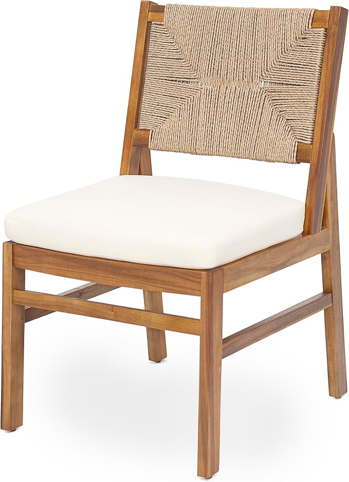 Christopher Knight Home 6-Piece Outdoor Dining Set, 70" Acacia Wood Patio Table with 4 Light Brown Wicker Chairs with Cream Cushions and 1 Bench, Teak Finish Outdoor Furniture Set for Garden Porch