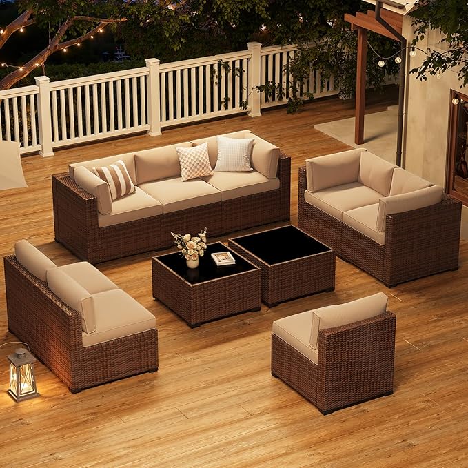 LazySunsets 10-Piece Patio Furniture Set, Wicker Rattan Outdoor Furniture with Thick Cushions, Patio Conversation Sets with Coffee Table, Outdoor Sectional Couch Sofa with Waterproof Cover, Beige