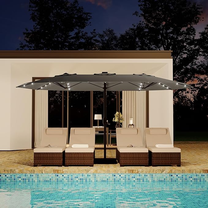 15FT Extra Large Double-Sided Patio Umbrella with Solar LED Lights – Heavy-Duty Rectangular Outdoor Market Umbrella, Fade-Resistant UV Canopy, Included Base for Backyard, Pool, Deck, Garden – Beige/Mist Blue