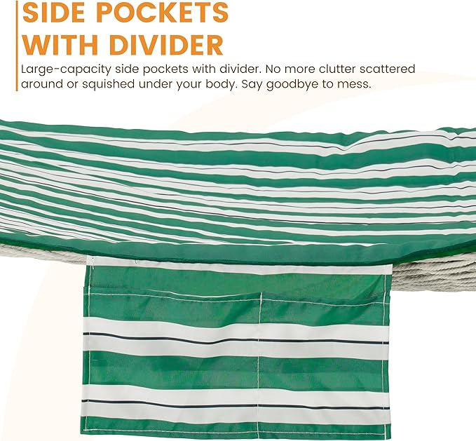 Lazy Daze Hammocks Rope Hammock with Pad, Spreader Bar, Carabiners, Tree Straps, Chains for Outside Patio- Max 450 Lbs, Green White Stripes