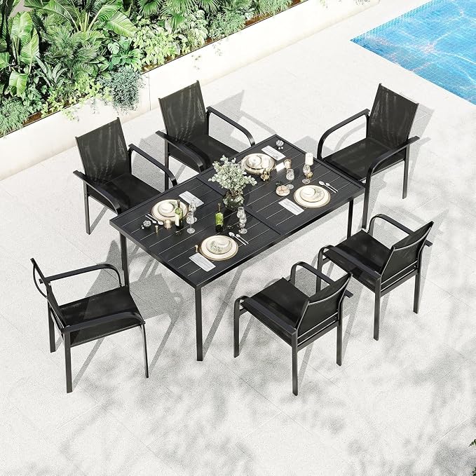 Garvee 7 Piece Patio Dining Set, Black Dining Table with 6 Black Chair | Outdoor Furniture with 55" Rectangular Iron Table & 6 Textilene Chairs, All Weather Designed, Suitable for Backyard Garden