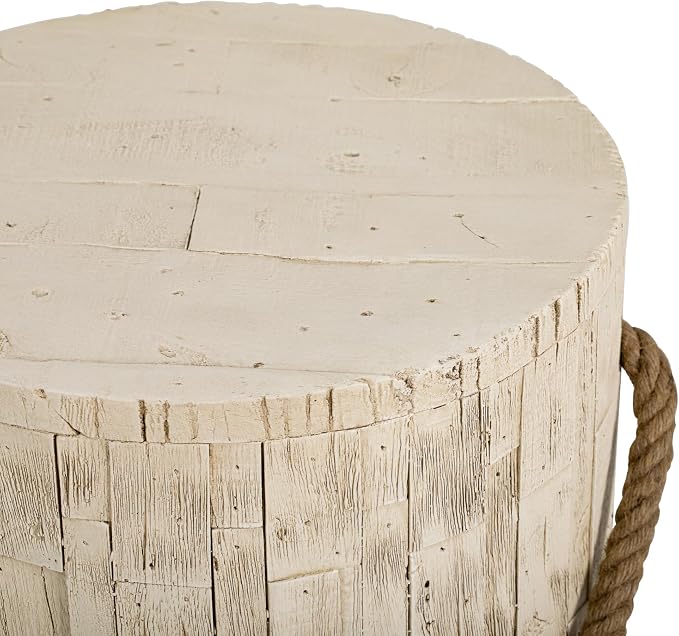 IRONORA Whitewashed Wooden Cylindrical Outdoor Side Table with Rope Handle, Rustic Round Accent Table, Weathered End Table for Patio Backyard Garden