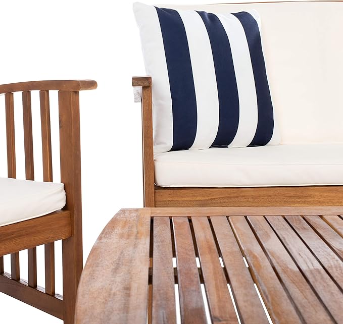 SAFAVIEH Outdoor Collection Rocklin Natural/ Beige Cushions/ Thick Stripe Pillows 4-Piece Conversation Patio Set