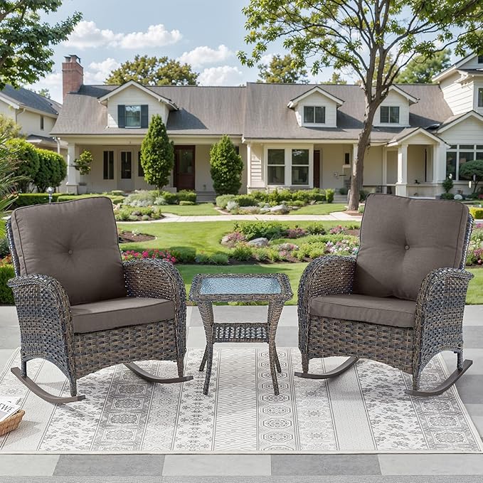 Outdoor Rocking Chairs Set of 2-Patio Table and Chairs Set Outdoor Conversation Furniture Sets for Deck Porch Garden Balcony Poolside-Brown/Grey