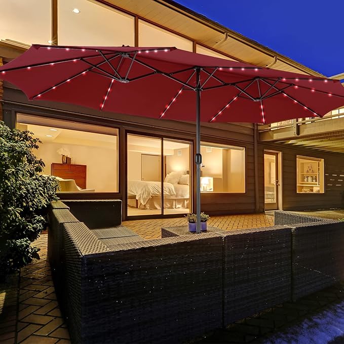 Tangkula 15 Ft Burgundy Twin Patio Umbrella with 48 LED Lights, Hand-Crank System for Poolside, Garden & Backyard Use