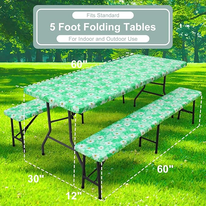 misaya Picnic Table Cover with Bench Cover, Waterproof Elastic Fitted Tablecloth for 5 Foot Tables, Rectangle Washable Polyester Tablecloths for Picnic, Camping, Outdoor (Green Daisy, 30" x 60")