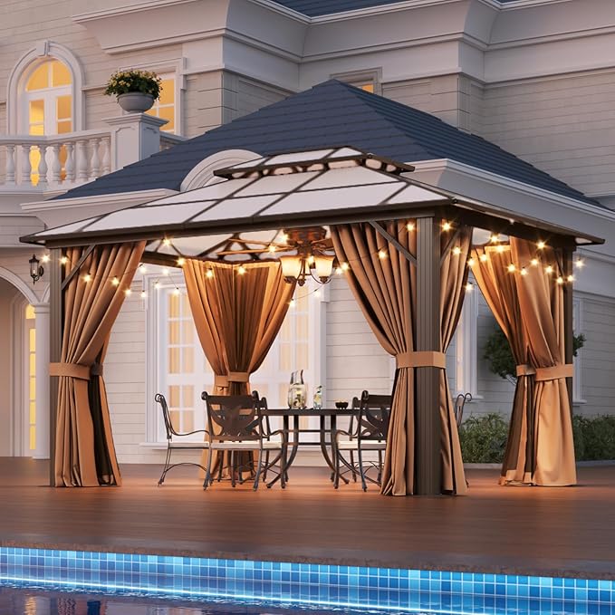 Aoxun 10'x12' Hardtop Gazebo, Outdoor Metal Gazebo with Double Polycarbonate Roof Canopy, Permanent Pavilion with Netting and Curtains for Lawn, Garden, Patio (Khaki)