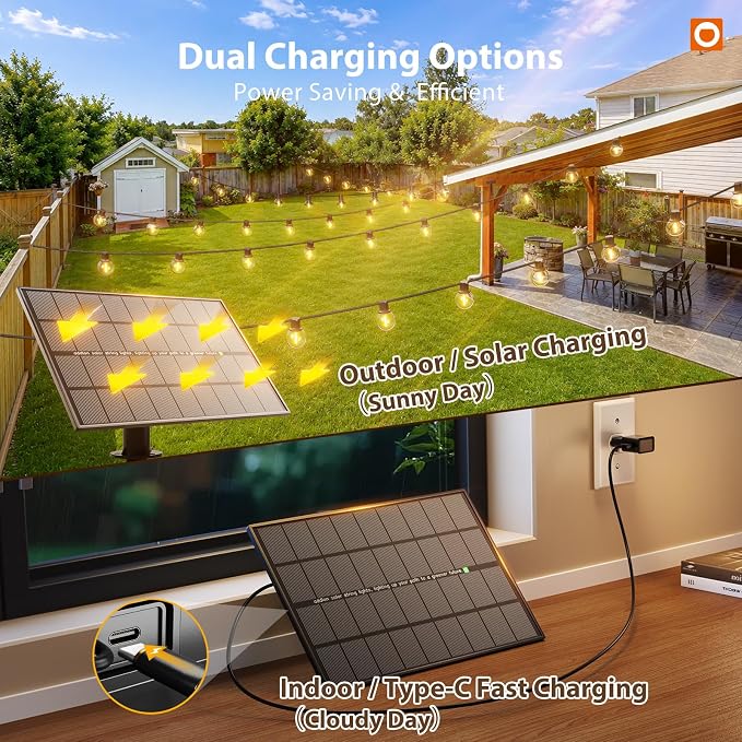 addlon 102FT Solar String Lights Outdoor, Waterproof, USB Charging | Dimmable, 3 Light Modes, Remote, 30+2 LED Bulbs, Easy Install, Ideal for Large Backyard, Garden, Wedding, Party, Camping