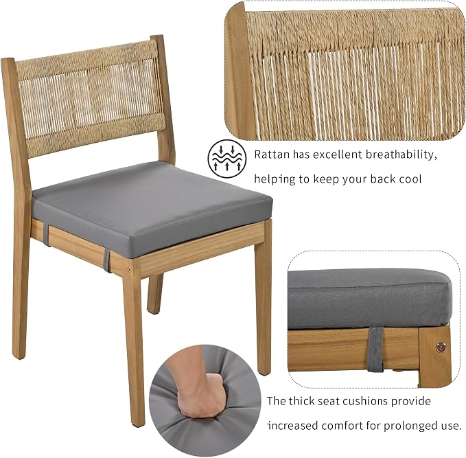 VilroCaz 5 Pieces Patio Dining Set, Acacia Wood Dining Table and Chair Set, All-Weather Outdoor Conversation Set Gathering Set with Thick Cushions for Garden Backyard Balcony (Gray+Acacia5)