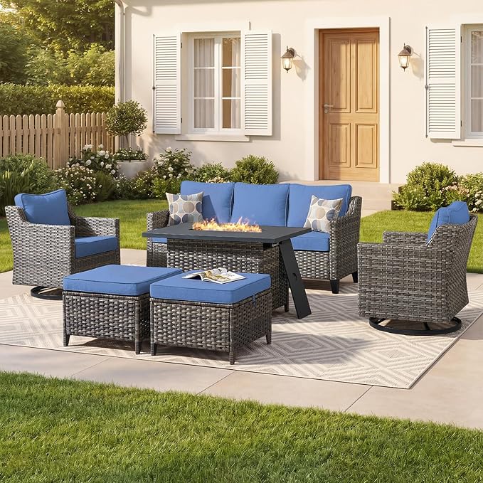 Outdoor Furniture Set of 6, Patio Sofa with Luxury 4" Cushion, Wicker Swivel Rocker Patio Chairs, and Fire Pit Table, High Back&Deep Seat for Garden Deck Porch Balcony Backyard - Blue