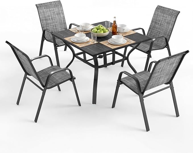 Outdoor Patio Dining Set for 4, 5 Pieces Patio Table and Chairs Set with Umbrella Hole, 37.8"x 37.8" Square Metal Wood-Grain Dining Table Set with 4 Stackable Patio Chairs for Deck , Backyard, Porch
