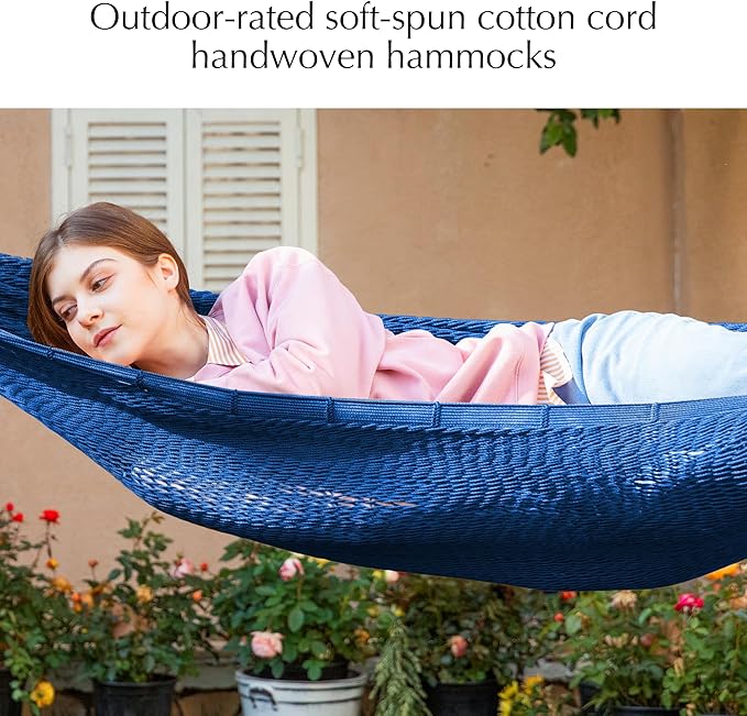 PNAEUT Handwoven Mayan Hammock, Thick Soft Rope Double Hammock for Outdoor Outside & Indoor, 600 lbs Capacity Heavy-Duty, Includes Tree Straps, Carabiners & Carrying Bag (Navy Caribe, X-Large)