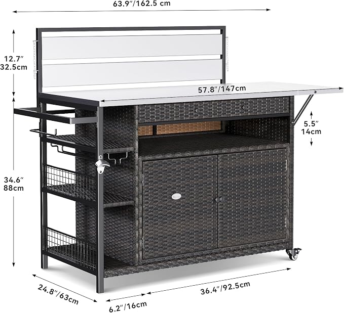 YITAHOME XL Outdoor Kitchen Wicker Island Rolling Cart & Storage Cabinet, Wheels and Stainless Steel Extended Table Top, Side Handle for Patio Kitchen or Bar Cart, Dark Brown