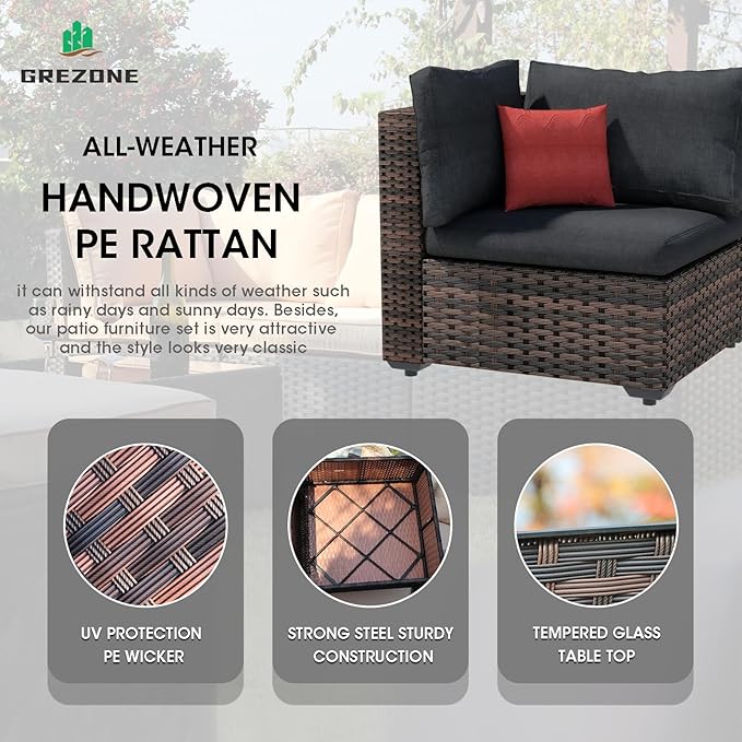 Grezone 7 Piece Patio Furniture Set with Fire Pit Table, Patio Sectional Furniture Sofa Set, Patio Conversation Sets with Cushions and Glass Coffee Table for Garden Lawn Balcony Porch Deck, Black