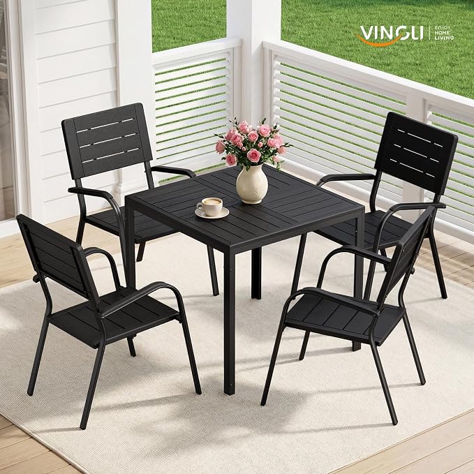 VINGLI Outdoor Patio Dining Chairs, Stackable HDPE All-Weather Arm Chairs, Weatherproof Outdoor Seating for Garden, Backyard, Poolside, Balcony,Black (4 Pack)
