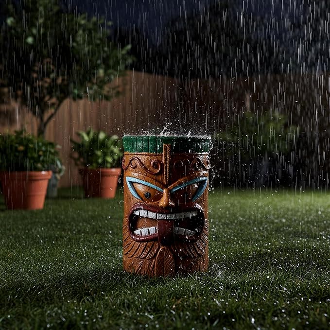 Tiki Outdoor Side Table, Fiber Reinforced Concrete Patio End Table, 20 Inch Decorative Garden Statue Stool with Wood Grain and Tribal Mask Design for Patio, Poolside, Garden, Porch