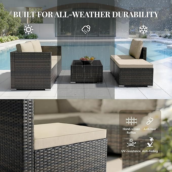 WWR Patio Furniture Set- All-Weather, Thick Cushions & Wide Armrests -5 Piece Outdoor Patio Conversation Couch Sets, Wicker Rattan Outdoor Sectional Sofa for Garden, Patio, Poolside