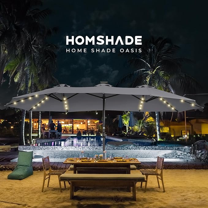 HOMSHADE Double Sided Patio Umbrellas - 15ft Solar Lights LED Lighted Outdoor Extra Large Market Table Umbrella with Base Included, Oversized Umbrella for Deck, Pool, Backyard