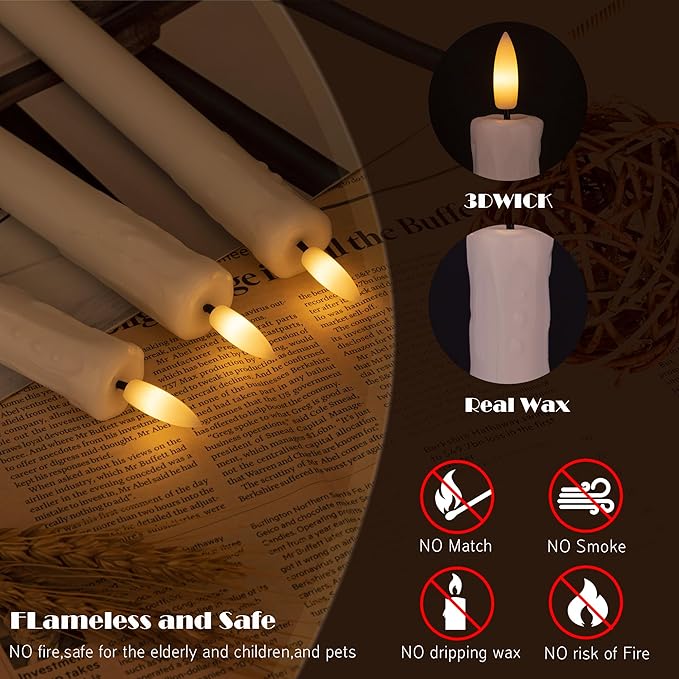 JOIONE Flameless Taper Candles with Remote, 6 Pack Real Wax LED Battery Operated Candle with Flickering Flame, Safe Home Décor for Living Room, Bedroom, and Dining Table, Dripping Wax White