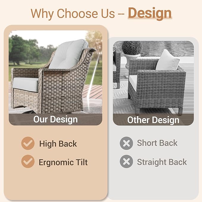HOOOWOOO Patio Furniture Set,6 Pieces Wicker Outdoor Furniture,High Back Conversation Set with All Weather Resistant Fire Pit Table Couch Chairs Ottomans,Light Gray