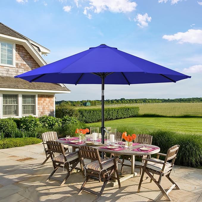 MASTERCANOPY 9FT Patio Umbrella with Push Button Tilt and Crank, Outdoor Market Umbrella with 8 Sturdy Ribs, UV Protection & Waterproof for Garden, Deck, Backyard, Pool (Blue)