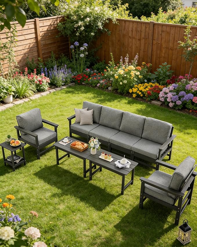 HDPE Outdoor Patio Furniture Set with Cushions, 9 Piece Patio Conversation Set Sofa Set,All Weather Outdoor Couch Set with Coffee Table for Lawn, Garden, Deck