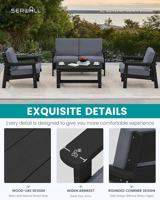 SERWALL 4 Piece HDPE Outdoor Furniture Set, All Weather Wood-Like Outdoor Sofa Sectional Couch, Black Patio Furniture Set with Grey Cushions