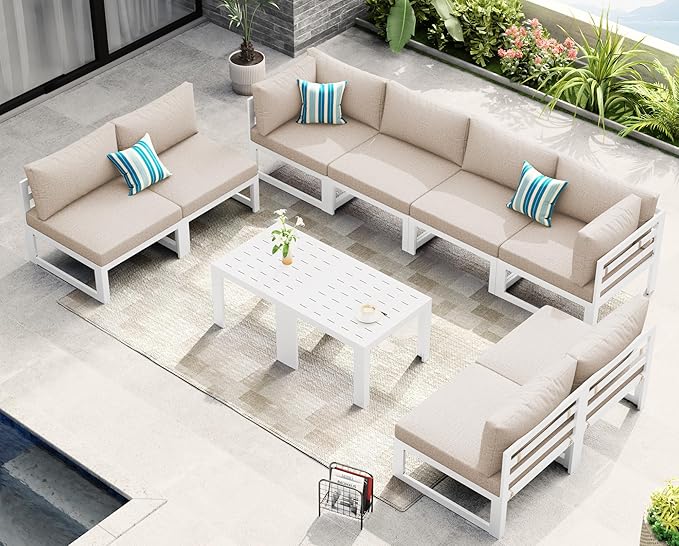NICESOUL 10 Piece Extra Large Modern Aluminum Outdoor Sofa, 29" Deep Wide Seated, 500 lbs Durable L Shaped Sectional Set for Heavy People, No Rust Modular Patio Furniture Set for Backyard Deck, Beige