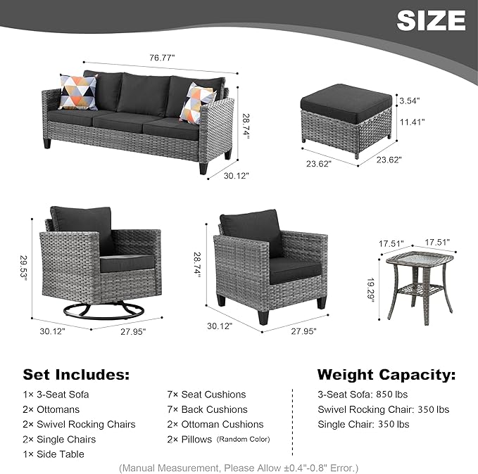HOOOWOOO Wicker Patio Conversation Sets,8 Piece Outdoor Furniture Set with Swivel Rocking Chairs,All Weather Resistant Modern Outside Out Door Rattan Couch Chairs Side Table Set,Black