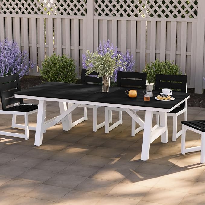 WestinTrends Cape May 90" HDPE Rectangle Outdoor Patio Dining Table with Umbrella Hole and Metal Frame, Black