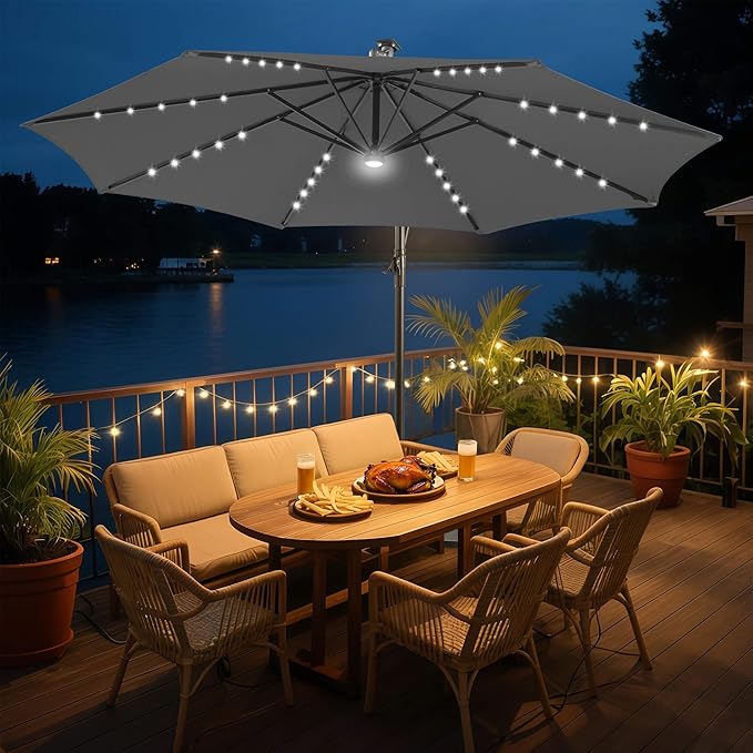 FLAME&SHADE 10ft Solar Cantilever Umbrella with 40 LED Lights, Lighted Large Offset Outdoor Patio Umbrellas, 8 Sturdy Ribs, UPF50+ UV Protection for Pool Deck Garden Yard, Anthracite