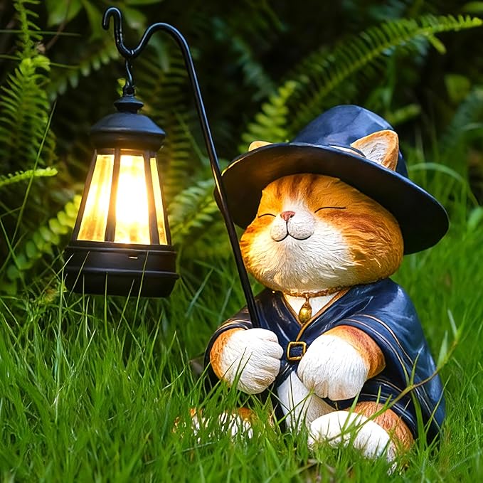 Decorative Solar Lights Garden Cat Statue Outdoor Figurine Light Themed Wizard Cat Lantern for Garden Decoration Outdoor Decor