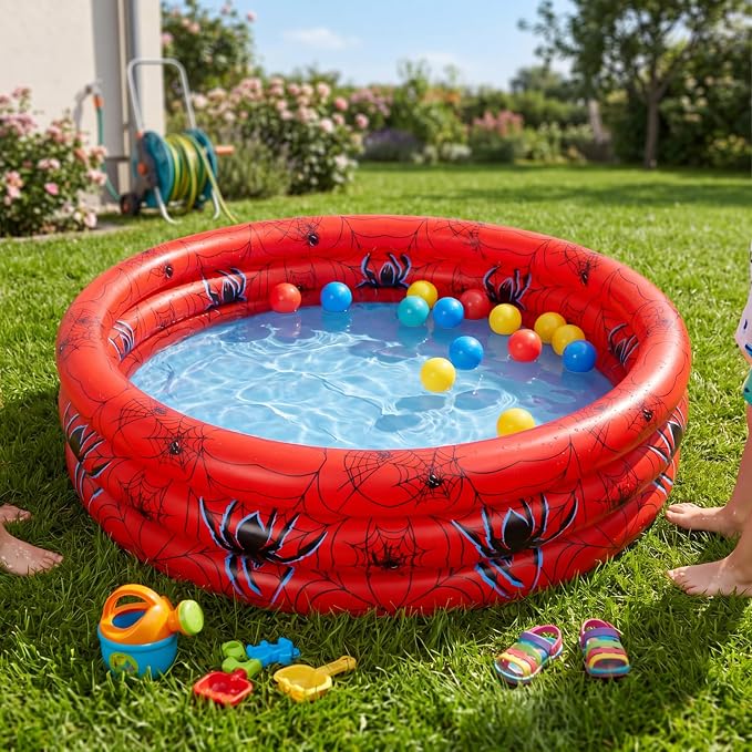 Arrowbash Spider Inflatable Pool 49" x 10" Spiderweb Red Garden Round Blow up Swimming Pool for Summer Indoor&Outdoor Water Game Play Center